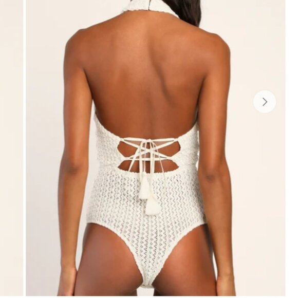 City Living Cream Knit Textured Cutout Lace-Up Halter Bodysuit (Size L) - Picture 3 of 4